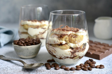 Tiramisu - traditional italian coffee dessert with biscuits and mascarpone cheese.