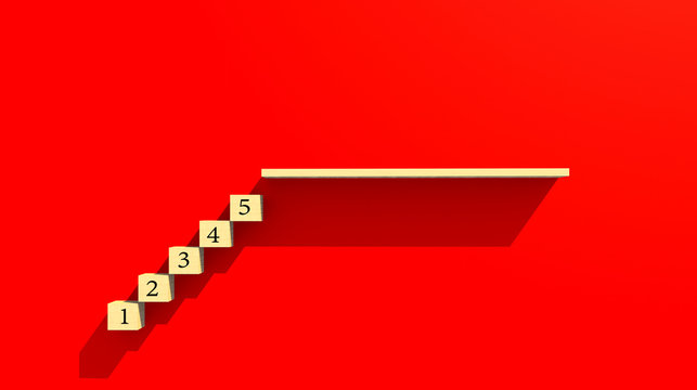 3D illustration business success ideas concept with stair shape wooden block with number series with free copy space for your text on red paper background