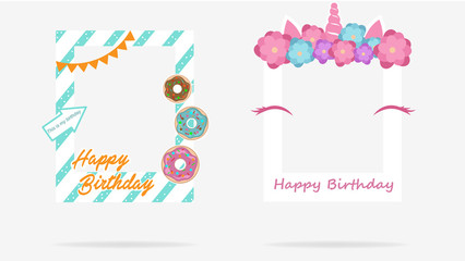 Set of birthday decorative photo frame isolated on white background. Collection of festive album design template to celebrating anniversary vector flat illustration