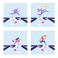 Set of Social Climber Careerist Reach Goal. Business People Overcome Abyss Going by Back of Partner like on Bridge. Challenge, Businesspeople Manager Walk over Heads Cartoon Flat Vector Illustration