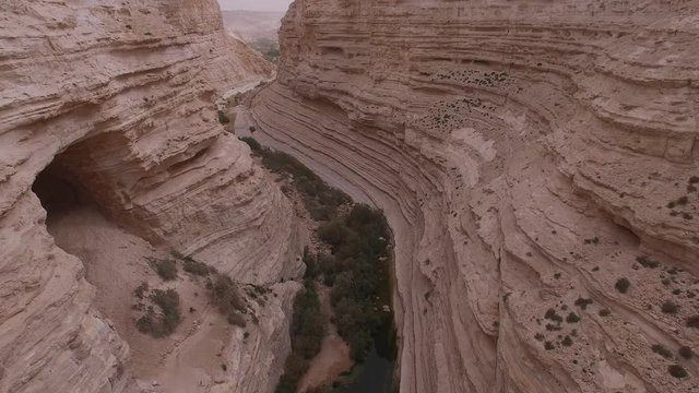 Aerial of caves and river at Ein Avdat canyon. Negev Desert. Israel. DJI-0207-12