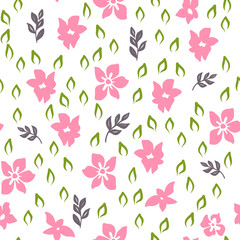 Vector floral seamless pattern in doodle style with pink flowers and leaves. Gentle, spring floral background in simple style.