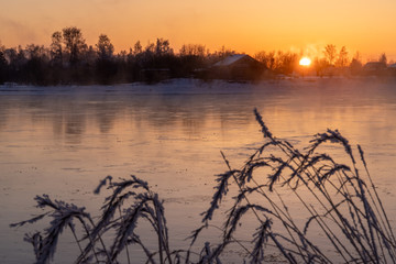 Winter sunrise on the banks of the Angara
