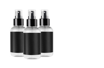 Transparent spray bottles for cosmetics product with black blank label isolated on white background, mock up for branding, advertising,  design.