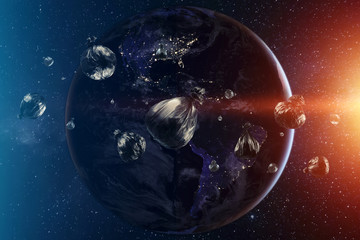 Debris in Earth orbit, dangerous debris in orbit around the planet. Elements of this image furnished by NASA.
