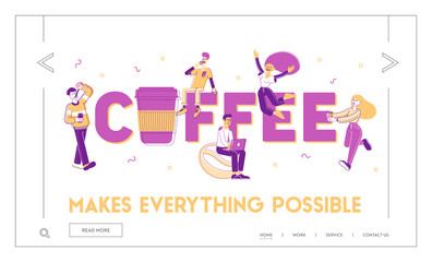 People Drink Coffee Website Landing Page. Men and Women Buying Takeaway Drink, Sleepy Student, Office Workers with Beverage, Man with Laptop Web Page Banner. Cartoon Flat Vector Illustration, Line Art