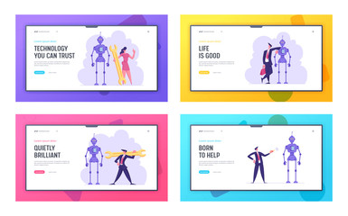 Artificial Intelligence Assembly Technology and Science Development Website Landing Page Set. Engineers or Business People Characters Set Up Ai Robot Web Page Banner. Cartoon Flat Vector Illustration