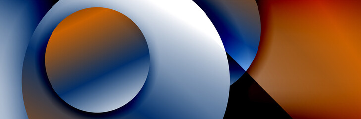 Dynamic trendy geometrical abstract background. Circles, round shapes 3d shadow effects and fluid gradients. Modern overlapping round forms