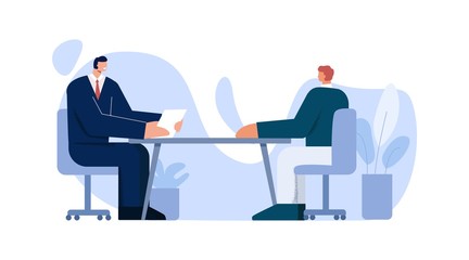 Two interviewing male job searching talking at office vector flat illustration. Business man at formal meeting during recruitment conversation big limbs style isolated on white background