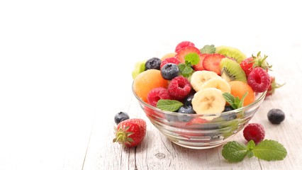 fruit salad with melon, strawberry, banana, kiwi and blueberry