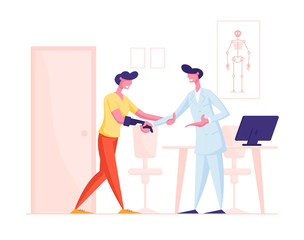Handicapped Man Visiting Doctor for Rehabilitation and Treatment. Patient with Arm Prosthesis Communicate with Practitioner in Hospital for Recreation, Medical Support Cartoon Flat Vector Illustration