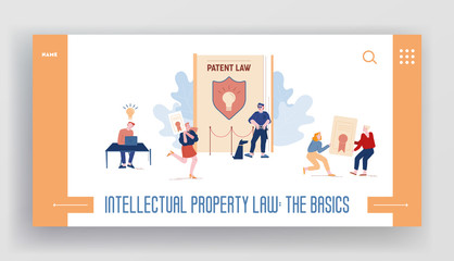 Patent Law Website Landing Page. Authors Create Mental Products and Protecting their Rights for Authorship. Safeguard with Dog Stand near Huge Book Web Page Banner. Cartoon Flat Vector Illustration