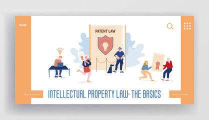 Patent Law Website Landing Page. Authors Create Mental Products and Protecting their Rights for Authorship. Safeguard with Dog Stand near Huge Book Web Page Banner. Cartoon Flat Vector Illustration