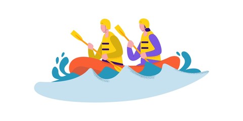 Active couple in safety suit and helmet enjoying rafting vector flat illustration. Cartoon man and woman holding paddle floating on water wave extreme sport concept isolated on white background