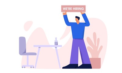 Man recruiter posing with banner we're hiring searching employee vector flat illustration. Male character hunting work personal at vacant place empty chair and table big limbs style isolated on white