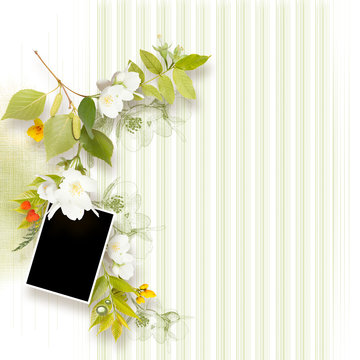 Summer frame for photo with yellow flowers. Decorative frame in scrapbook style withflowers. Romantic theme. Summer and flowers theme