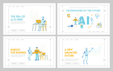 Obraz na płótnie Canvas Robots and People Work Together Website Landing Page Set. Artificial Intelligence and Human Collaboration in Business and Office, Technology Web Page Banner. Cartoon Flat Vector Illustration, Line Art