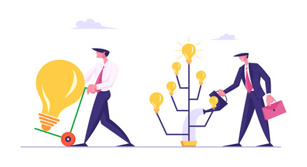 Producing Ideas Concept. Businessman Watering Tree with Glowing Light Bulbs, Business Man Pushing Manual Forklift for Shipping Lamp. Creativity, Invention Harvesting Cartoon Flat Vector Illustration