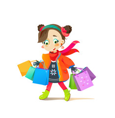 Little Shopaholic Girl Holding in hands Bags with Purchases. Retail Online Vector Illustration. Customer Buy in Shop Clothes. Discount and Sale in Internet Store