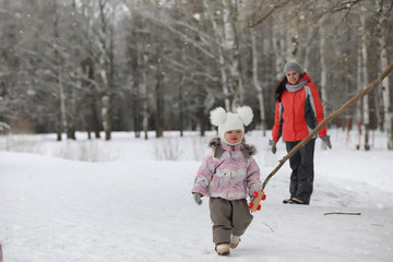 Children walk in the park in winter. Winter forest a family with children on a walk. A cold winter day is a family walk.