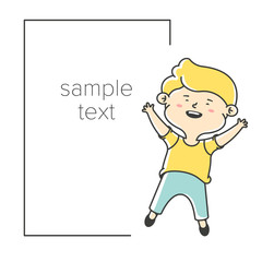 Happy little boy jumps. Card greeting template. Children's information message