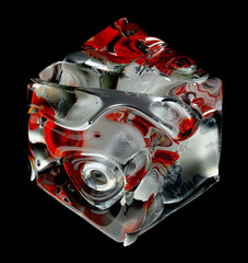3d render of abstract art piece 3d cube or mystery box in organic curve round wavy smooth and soft bio forms in rough metal material painted in red color with glass parts on black background