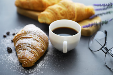 Fresh pastries on the table. French flavored croissant.