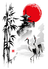Cranes, bamboo stems, pagoda against the backdrop of the rising sun. Vector illustration in traditional oriental style. Hieroglyphs - Beauty in nature. © shark192009