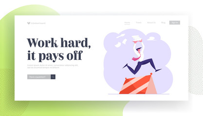 Busy Day, Accounting Bureaucracy, Challenge Website Landing Page. Man with Steak of Paper Documents Jumping over Barrier. Businessman Overload at Work Web Page Banner. Cartoon Flat Vector Illustration