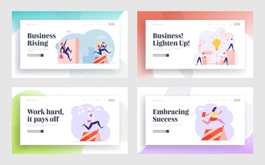 Obraz na płótnie Canvas Start Up Launch, Obstacle Race Website Landing Page Set. Business People Jumping over Barrier Fighting for Leadership, Brainstorm Creative Process Web Page Banner. Cartoon Flat Vector Illustration