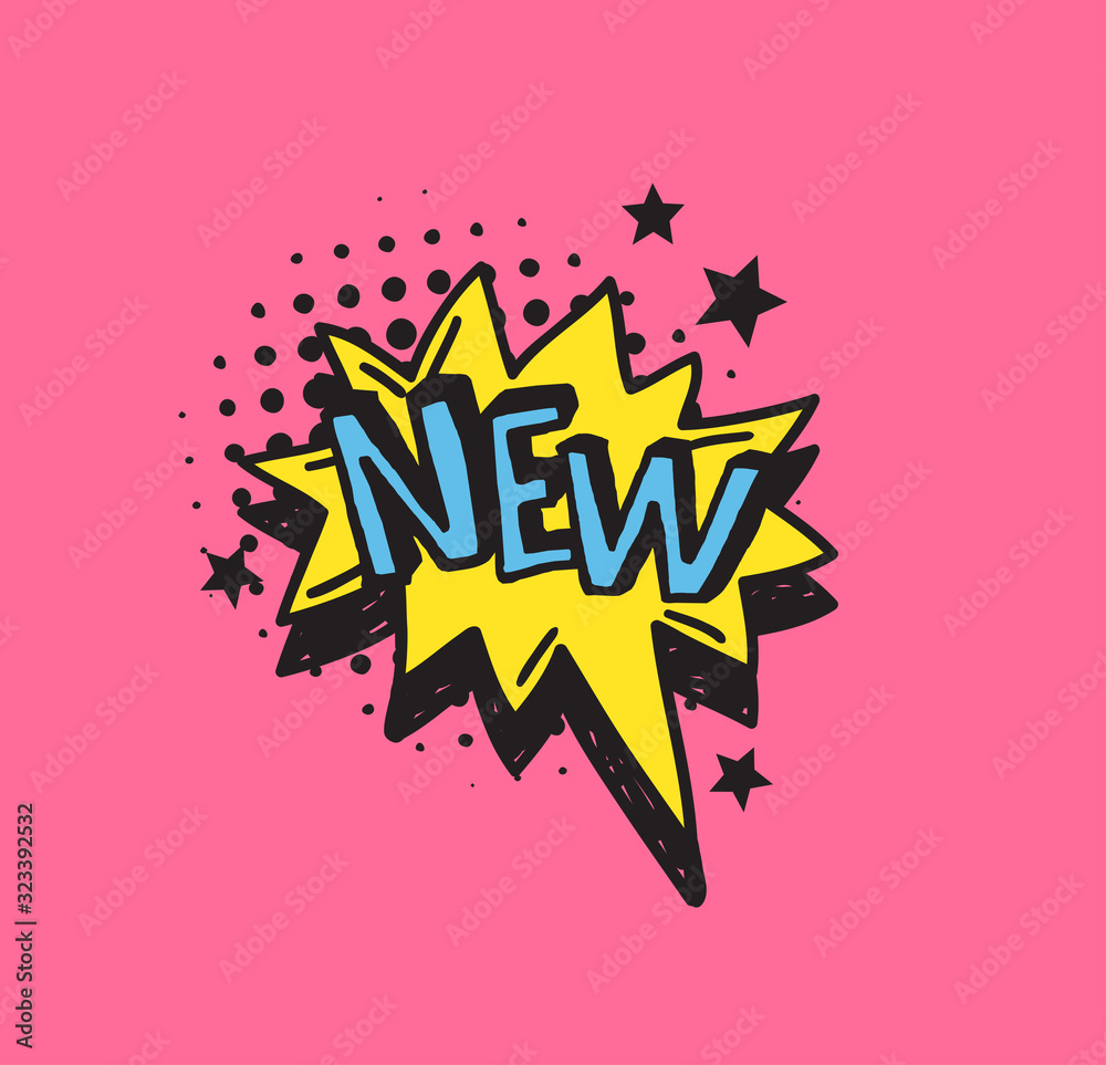 Poster hand drawn speech bubble with text on pink background and halftone. vector pop art object and word. 