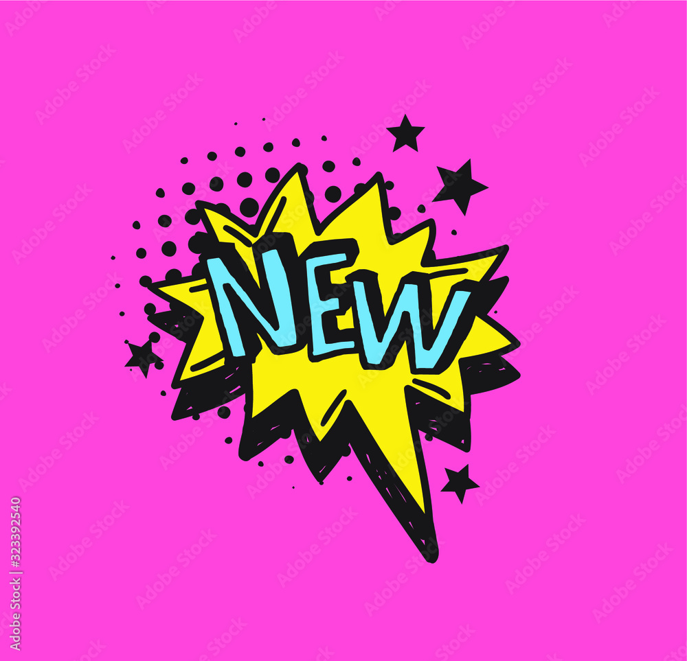 Poster hand drawn speech bubble with text on pink background and halftone. vector pop art object and word. 