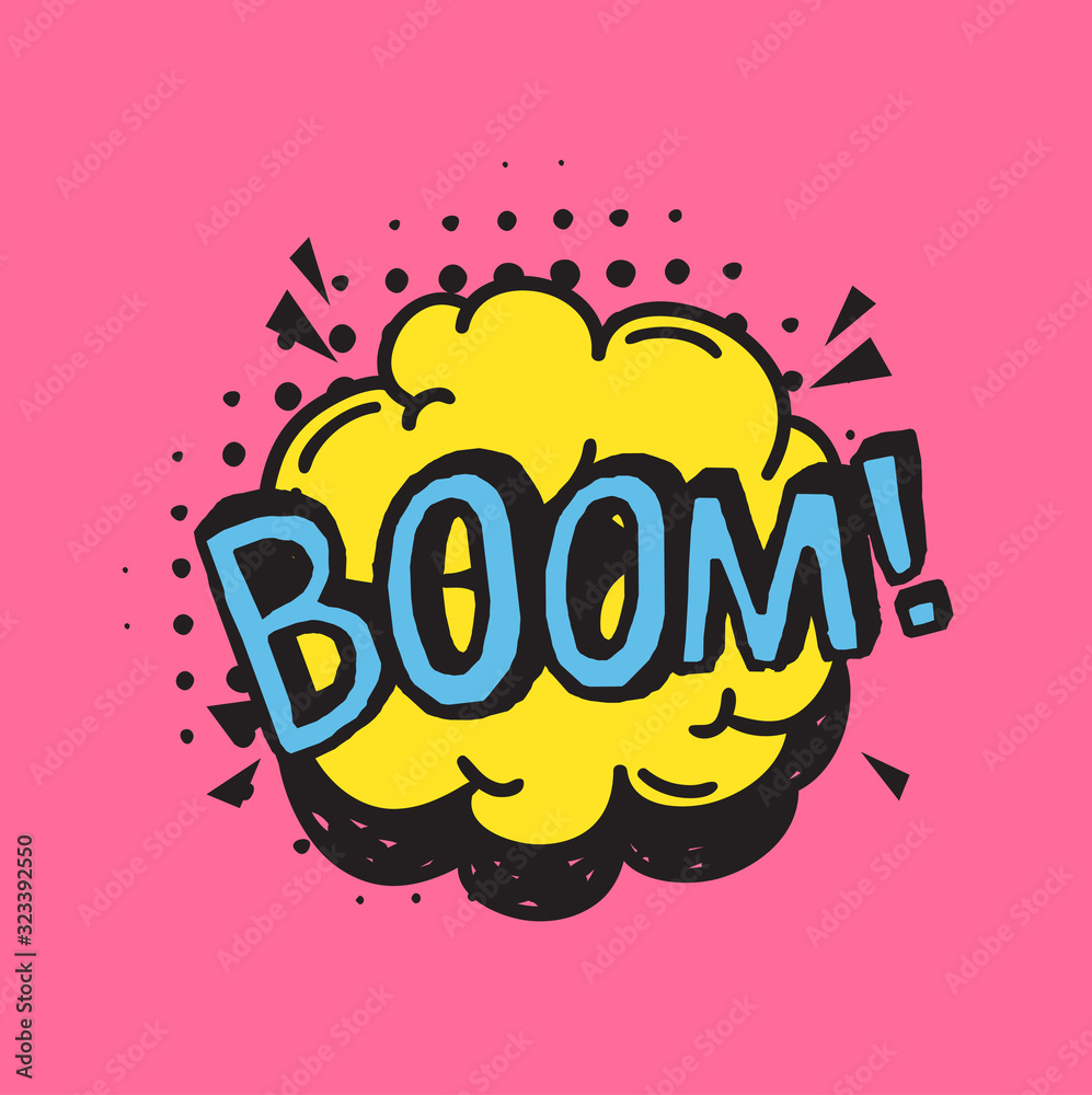 Poster hand drawn speech bubble with text on pink background and halftone. vector pop art object and word. 