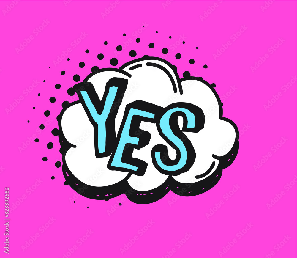 Poster hand drawn speech bubble with text on pink background and halftone. vector pop art object and word. 