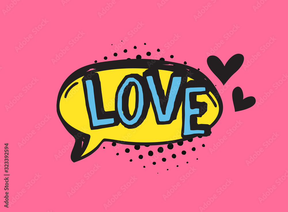 Poster hand drawn speech bubble with text on pink background and halftone. vector pop art object and word. 