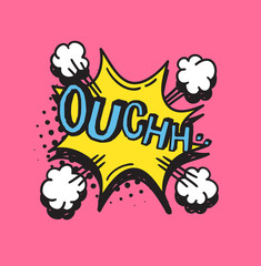 Hand drawn speech bubble with text on pink background and halftone. Vector pop art object and word. Doodle element for dialog or comic