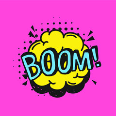 Fototapeta premium Hand drawn speech bubble with text on pink background and halftone. Vector pop art object and word. Doodle element for dialog or comic