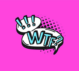 Hand drawn speech bubble with text on pink background and halftone. Vector pop art object and word. Doodle element for dialog or comic