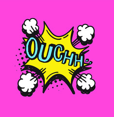 Hand drawn speech bubble with text on pink background and halftone. Vector pop art object and word. Doodle element for dialog or comic