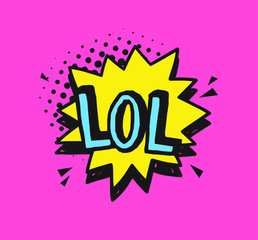 Hand drawn speech bubble with text on pink background and halftone. Vector pop art object and word. Doodle element for dialog or comic