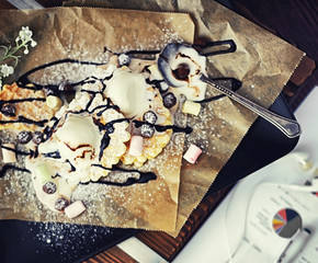 Viennese waffles with filling. Coffee table. A set of fragrant cookies for breakfast for the holiday.