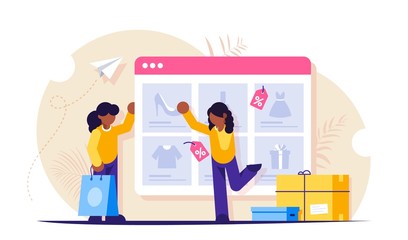 Online shopping. Girls make purchases in the online store. The product catalog on the web browser page. The girl chooses new shoes. Paper bag and shopping boxes. Vector isolated illustration.
