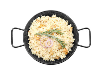 Delicious risotto with chicken isolated on white, top view