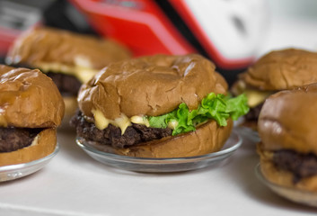 Juicy burger with a chop of marbled beef
