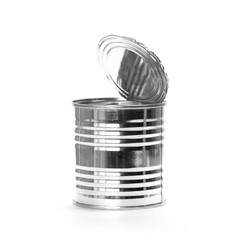 Metal tin can. Close up. Isolated on a white background