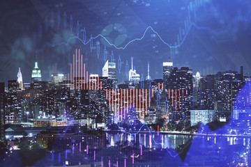 Obraz na płótnie Canvas Double exposure of forex chart drawings over cityscape background. Concept of success.