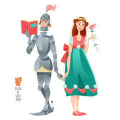 Diada de Sant Jordi (the Saint George’s Day). Traditional festival in Catalonia, Spain. Princess with a rose, knight with a book. The Day of the Rose. The Day of the Book. 