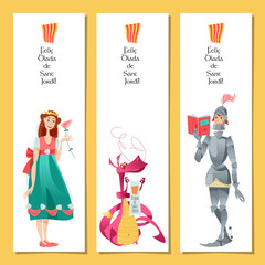 Set of bookmarks with princess, knight and dragon. Diada de Sant Jordi (the Saint George’s Day). The Day of the Rose. The Day of the Book. Traditional festival in Catalonia, Spain. 