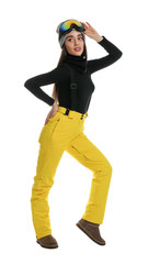 Woman wearing stylish winter sport clothes on white background