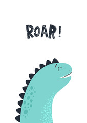 Baby print with Dino. Cute card, poster, template, greeting card, dinosaur. Scandinavian style. Vector illustrations